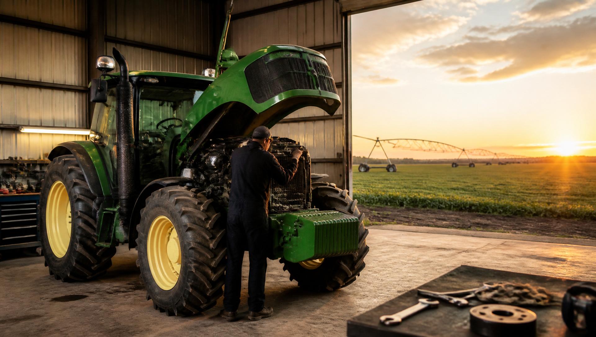 Técnico realizando manutenção em trator agrícola em oficina no campo